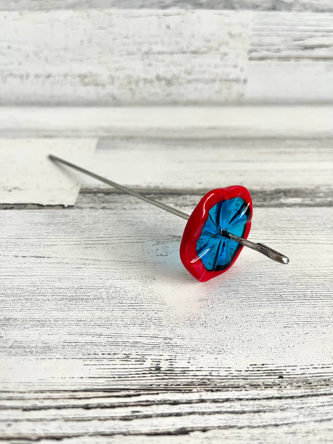 Top Whorl Red & Blue Glass Drop Spindle