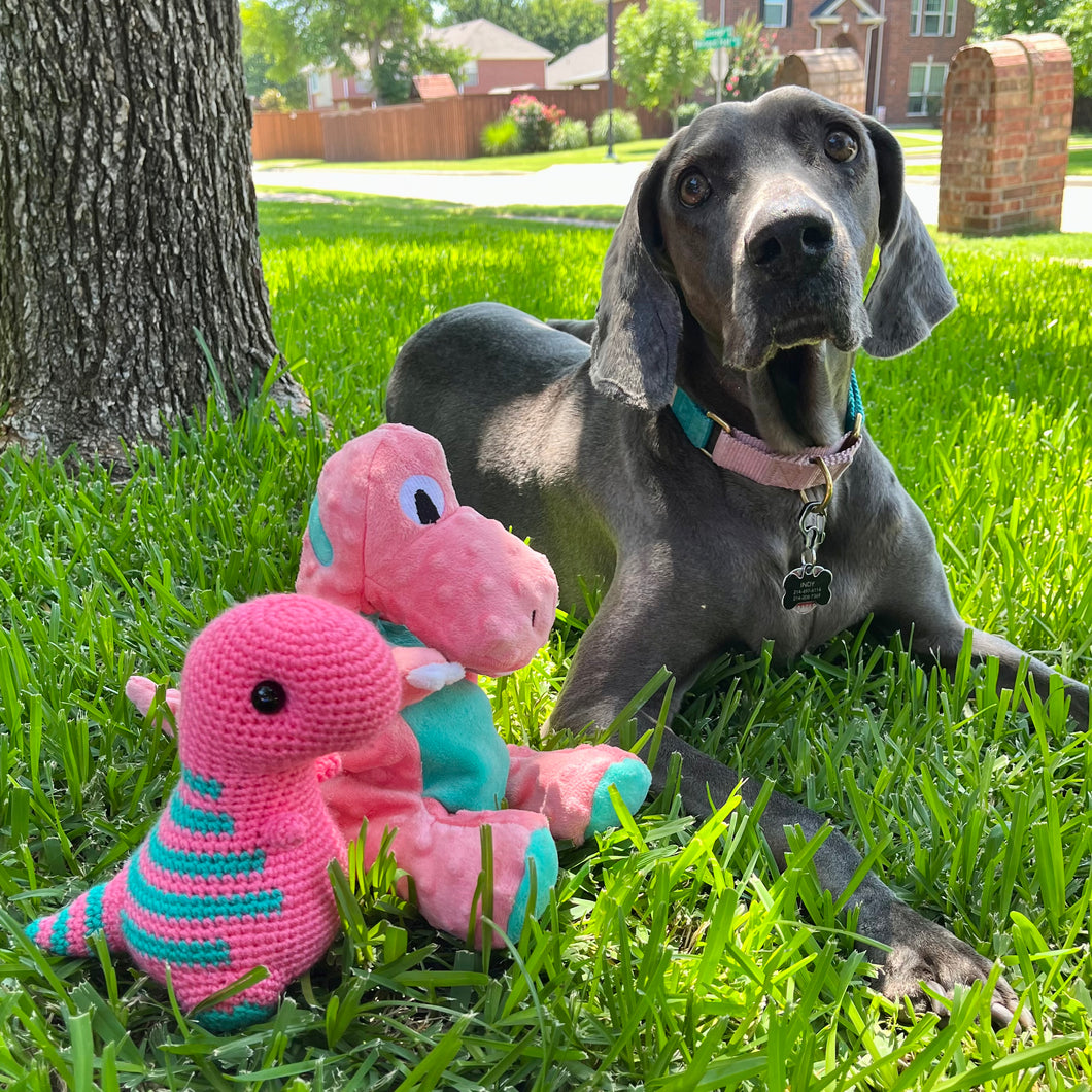 Indy’s Dino! Tropical Pink with Teal Stripes - Chubby Dinosaur