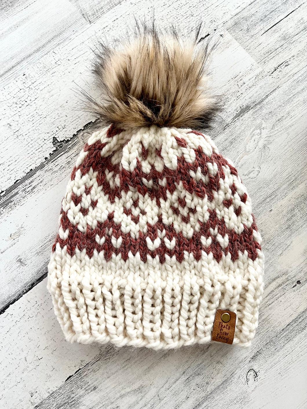 Reversed Fair Isle Diamonds with Faux Fur Pom